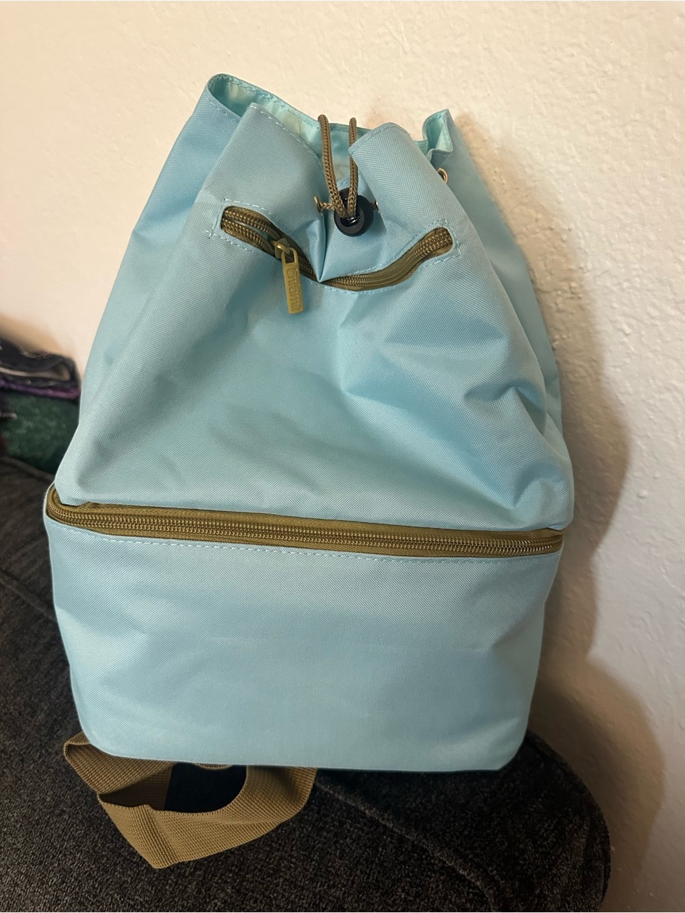 Light Blue Drawstring Backpack with Olive Accents breast milk cooler diaper bag